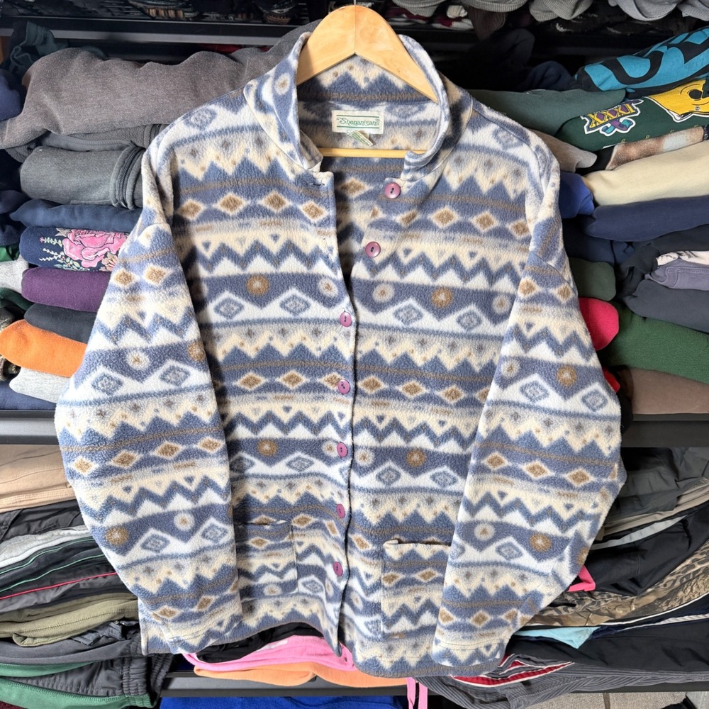 Shenanigans Mens XL Fleece Jacket Button Up Geometric Pattern‎ Blue Tan